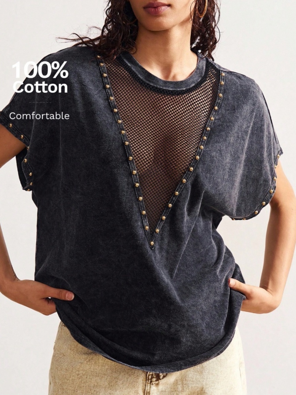 Cotton Washed Out Black (Charcoal Grey) Mesh Insert Stud Detail Oversized Tee
